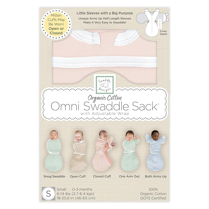 SwaddleDesigns Organic 6-Way Omni Swaddle Sack, Arms Up Swaddle for Newborn, More Options to Calm Startle Reflex, Improves Sleep, Small, 0-3 mo, 6-14 lbs, Soft Pink