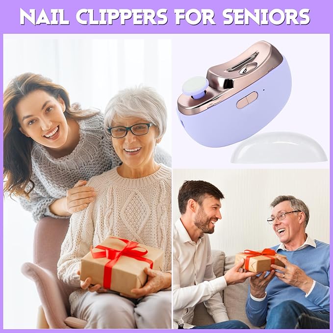 Automatic Nail Clipper Electric Nail Trimmer Polisher 3 in 1 Portable Fingernail Cutter with Light 2 Speeds File Nail Clip Storage Rechargeable Safety Trimmer for Seniors Adults Kids Baby (Purple)