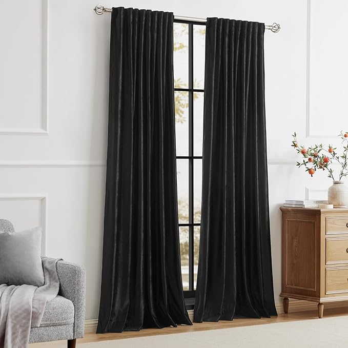 PRIMROSE Black Curtains 102 inch for Living Room Velvet Drapes Blackout Rod Pocket Back Tab Window Treatment Semi Room Darkening Decor Curtains for Bedroom Set of 2 Panels