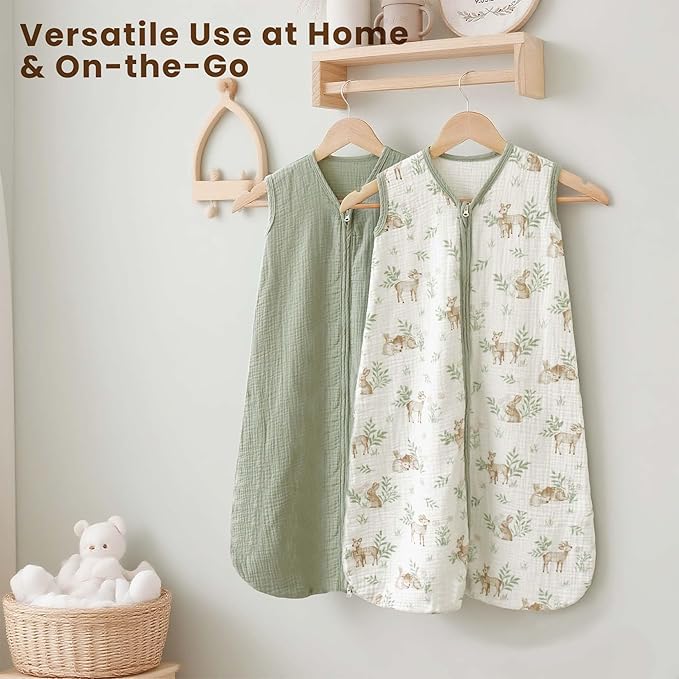 Konssy Muslin Baby Sleep Sack 12-18 Months 0.8 TOG, 2 Pack 100% Cotton Wearable Blanket for Babies, 2-Way Zipper Breathable Sleeping Sack Infant Toddler Essentials for Girls and Boys (Woodland,Sage)