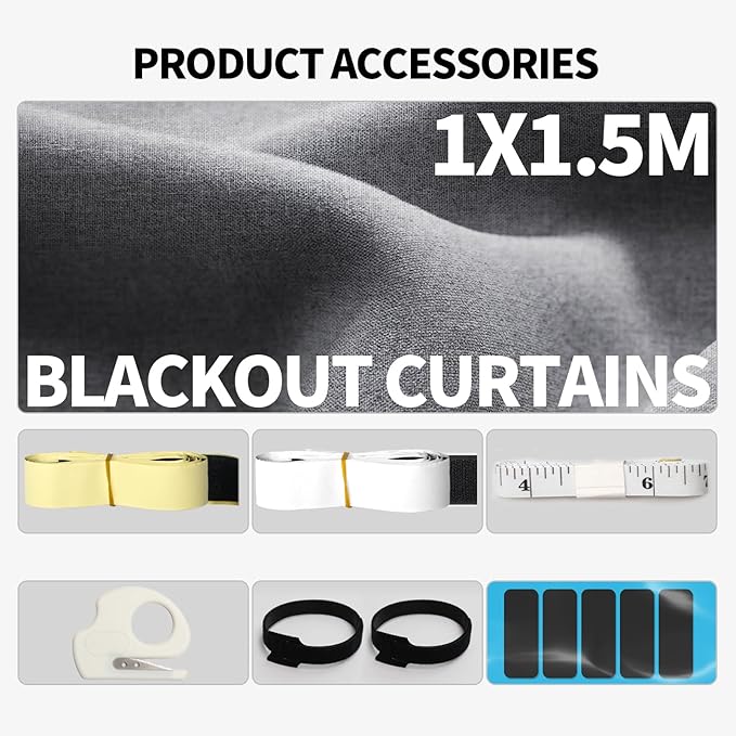 100% Upgraded Blackout Curtains for Bedroom, Rod-Free Hook&Loop Portable Blackout Shades for Travel, Black Out Window Cover No Drill Cuttable for Bedroom, Nursery, Media Room,Grey,57 * 157in