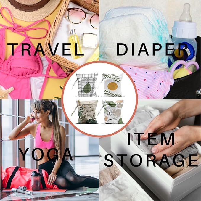 4 Pack Boho Green Abstract Botanical Wet Bag Waterproof Washable Reusable Wet Dry Bag for Swimsuit Dirty Clothes Diaper Travel Beach Pool Gym Christmas Toiletries Beach Essentials,Modern Nordic Style