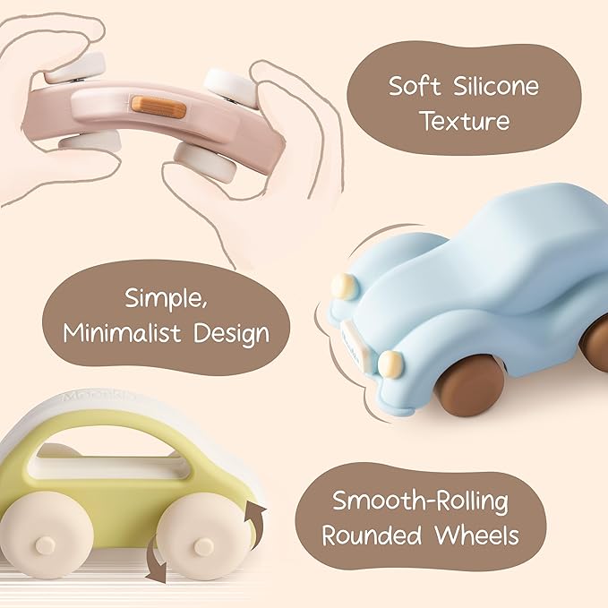 Moonkie Food Grade Silicone Toy Cars for Babies & Toddlers, Push and Go Baby Car Toys 6–12 Months, Baby Teething Toys 4–6 Months, One-Piece Design Infant Toys, Birthday Gifts for Boys & Girls, 3 Pack