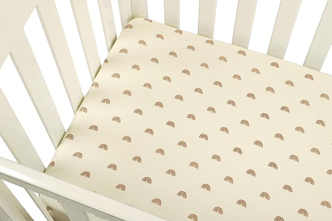 Onacosht Muslin Mini Crib Sheets, 39" x 27" Pack and Play Mattress Sheets Fitted for Pack N Play, Soft Cotton for Boys Girls, 2 Pack, Natural and Rainbow