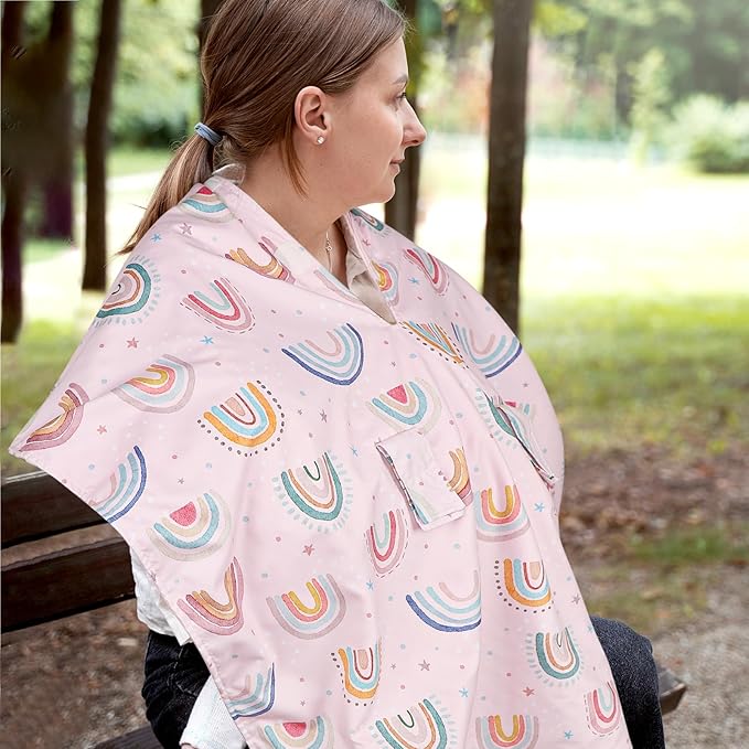 Car Seat Cover Baby, Peekaboo Opening Carseat Covers Baby Girl, Warm Minky Infant Car Seat Canopy, Multi-Use Cover Protecting Baby from Wind, Sun, Strangers, Pink Rainbow