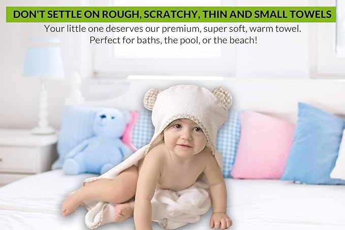 Channing & Yates Premium Boutique Hooded Baby Towels and 6 Washcloth Set - Organic Viscose Made from Bamboo Baby Towel with Hood Gift Bundle (Beige Set)