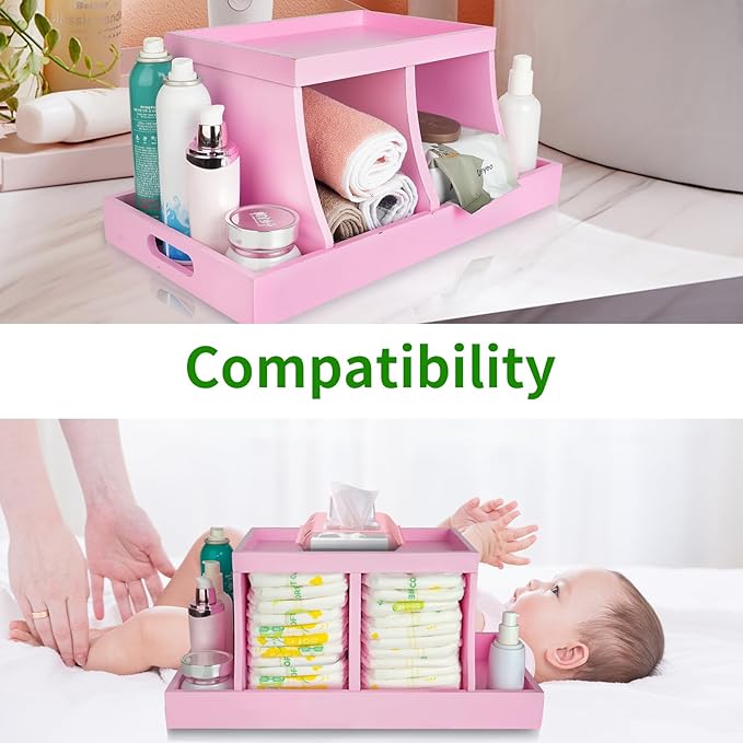 Diaper Caddy Organizer, Changing Table Organizer, Wooden Diaper Organizer for Nursery, Baby Diaper Storage Organizer with Removable Dividers (Pink, Rectangular Size)