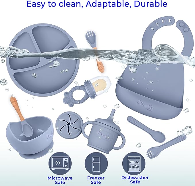 Silicone Baby Feeding Set, 10 Pcs Baby Led Weaning Supplies | BPA-Free Baby Dishes with Toddler Plates and Bowls Set, Silicone Bib, Suction Cup, Baby Spoons & Forks | Empower Independence – Gray