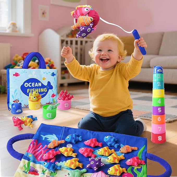 Montessori Toys for Toddlers, 29-Piece Cloth Fishing Game Set with Stacking Cups, Perfect for Toddler Birthday Gifts, Sensory Fishing Toy for Babies, Double Fishing rods