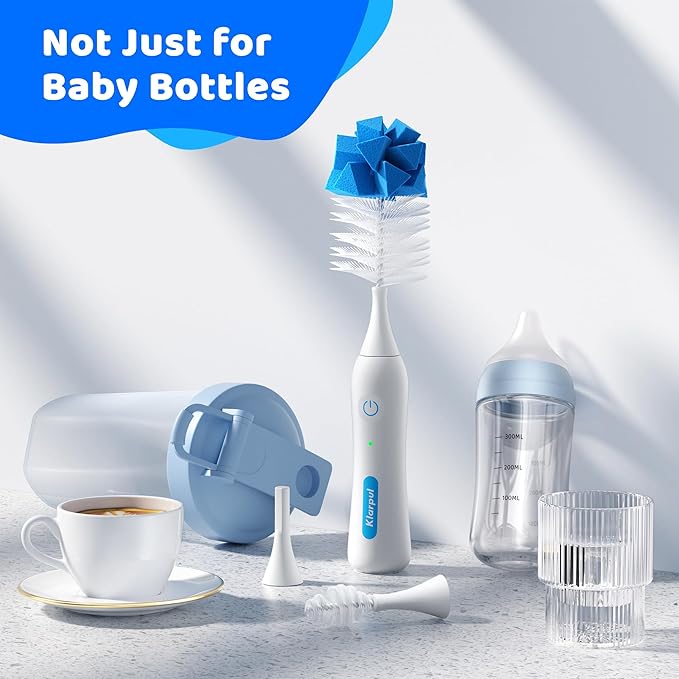 Klarpul Electric Bottle Brush Cleaner, IPX7 Waterproof Baby Bottle Brush with Replaceable Nipple Cleaning Kit & Extender Rod, 2 Speed Modes, 360° Auto Cleaning, 2000mAh Battery, Rechargeable, Blue