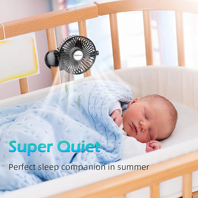 SkyGenius Battery Operated Stroller Fan, Rechargeable USB Powered Mini Clip on Desk Fan