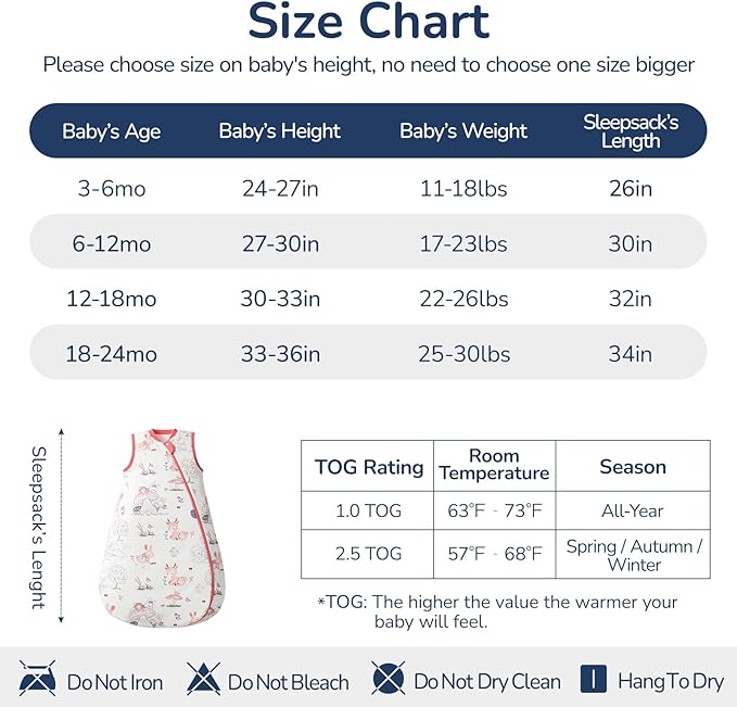 usbettas 1.0 Tog 2.5 Tog Baby Sleep Sack, 100% Cotton Baby Sleeping Bag 3-24M, 2-Way Zipper Baby Wearable Blanket