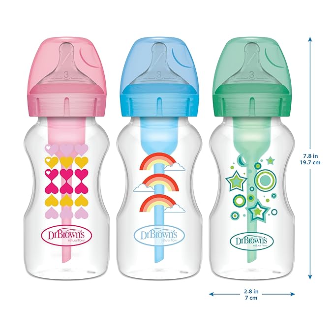 Dr. Brown’s Anti-Colic Options+ Wide-Neck Sippy Bottle Starter Kit, 9oz/270mL, with Level 3 Medium-Fast Flow Nipple and Soft 100% Silicone Sippy Spout, Blue, BPA Free, 6m+