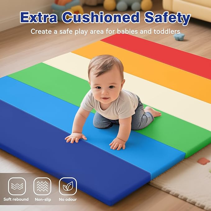 Foam Baby Play Mat: PU Leather Waterproof Kids Trifold Floor Playmat - Large Play Mat for Playpen Fodable Mattress Soft Toddler Mattress Infant Cushion for Preschool