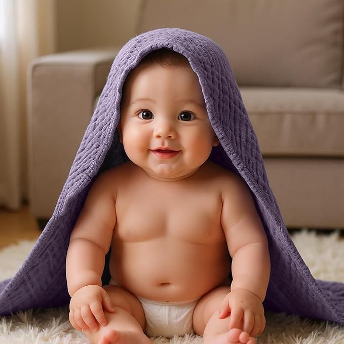 Peryiter 6 Pcs Muslin Hooded Baby Towels 32x32inch Cotton Newborn Bath Essentials Muslin Infant Blankets Absorbent Registry Baby Shower Present for Babies Girl Boy Kids (Brown Series)