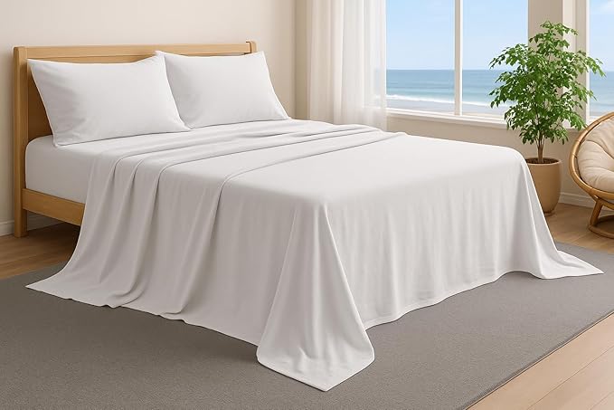 100% Cotton Bed Sheet Set with Deep Pocket - T-Shirt Fabric Jersey Knit - Extra Soft - Easy Fit - 3 Piece Set with Pillowcase - All Season - Comfy – 3 pcs (White, Twin)