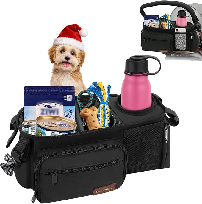 Dog Stroller Organizer Bag, Dog Mom Gifts for Women Pet Stroller Caddy, Stroller Accessories with Cup Holder, Poop Bag Dispenser, Pockets for Dog Essentials, Fits 14–19" Handles, Christmas Gift Ideas