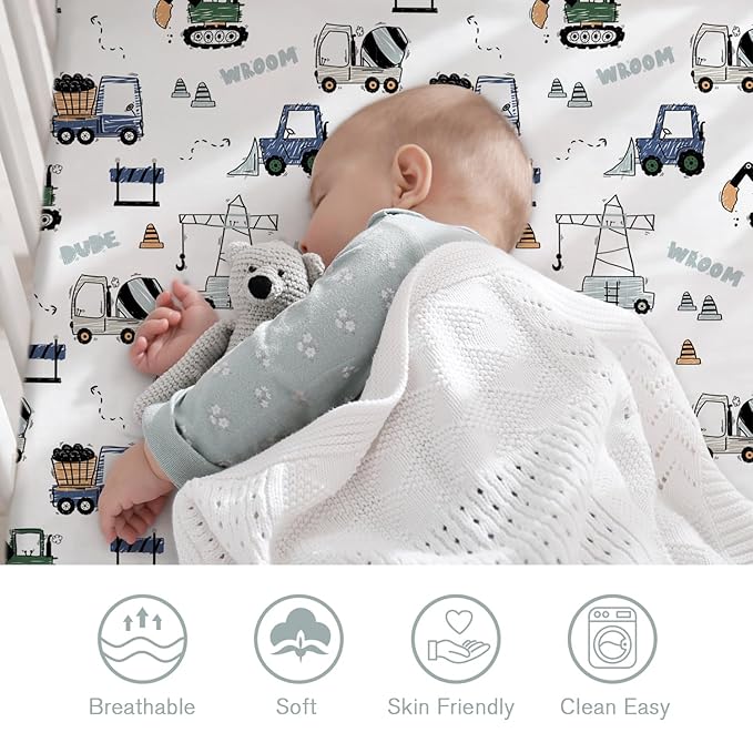 Little Grape Land Pack and Play Sheets Mini Crib Sheets Soft Breathable Pack N Play Sheets, Playard Fitted Sheet 2 Pack Stretchy Fits 38"x26" Playard Mattress, Navy Trucks