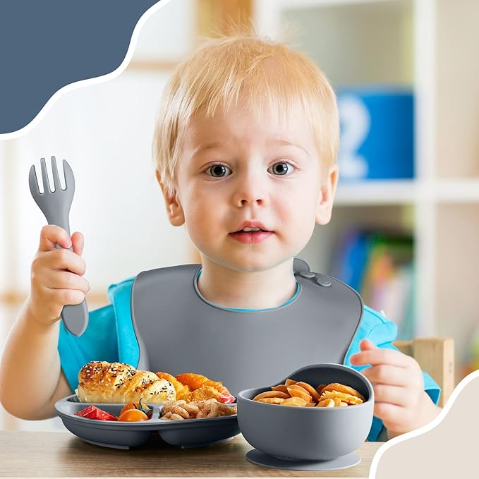 10 Pack Silicone Baby Feeding Set, Toddlers Led Weaning Feeding Supplies with Suction Baby Bowl Divided Plate Adjustable Bib Soft Silicone Spoon Fork, Infant Self Eating Utensil Set (Gray, Khaki)