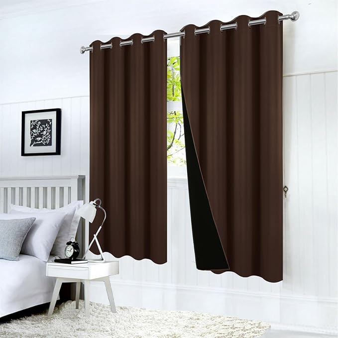 LEMOMO 100% Blackout Curtains 52 x 63 Inch Chocolate Brown Curtains 2 Panels Darkening Thermal Insulated Bedroom Curtains