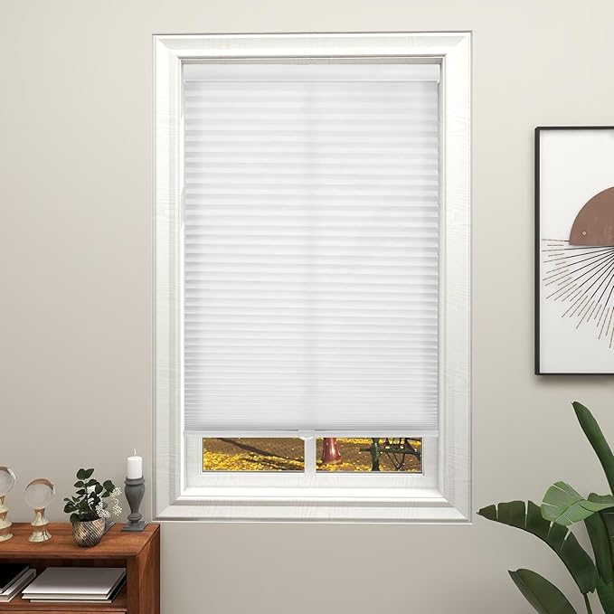 Changshade Cellular Shades Cordless Blinds for Indoor Windows, Honeycomb Blinds Pleated Window Shades Light Filtering for Bedroom, Bathroom, Shade Size 64 inch High 25 inch Wide, White
