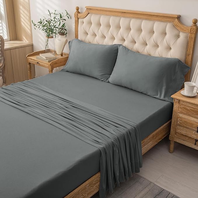 PURE ERA Jersey Knit 4pc Bed Sheet Set 100% T-Shirt Cotton Super Soft Comfy Breathable Fits Mattress Up to 20" Extra Deep Pocket (Solid Dark Greenish Gray, Full)