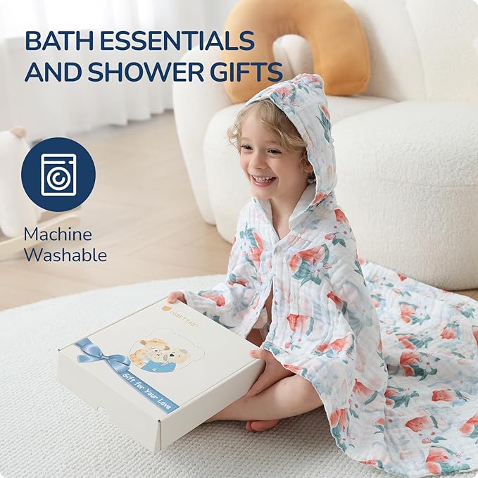 Toddler Hooded Bath Towels,100% Cotton Muslin Baby Towels for Boys Girls,Ultra Soft & Absorbent Quick Dry Kids Towel for Beach,Pool,Bathroom,Large 43x43 Inch