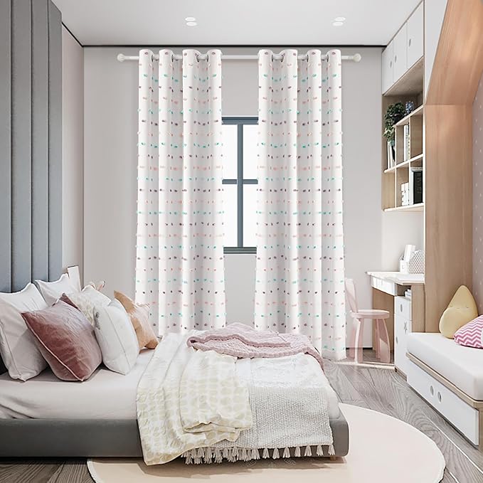 MYSKY HOME Total Blackout Curtains for Kids Bedroom 80 Inch Long 100% Light Blocking Curtains for Living Room 2 Panels Room Darkening Grommet Double Layer Drapes with Rainbow Pom Pom Sheer 52W x 80L