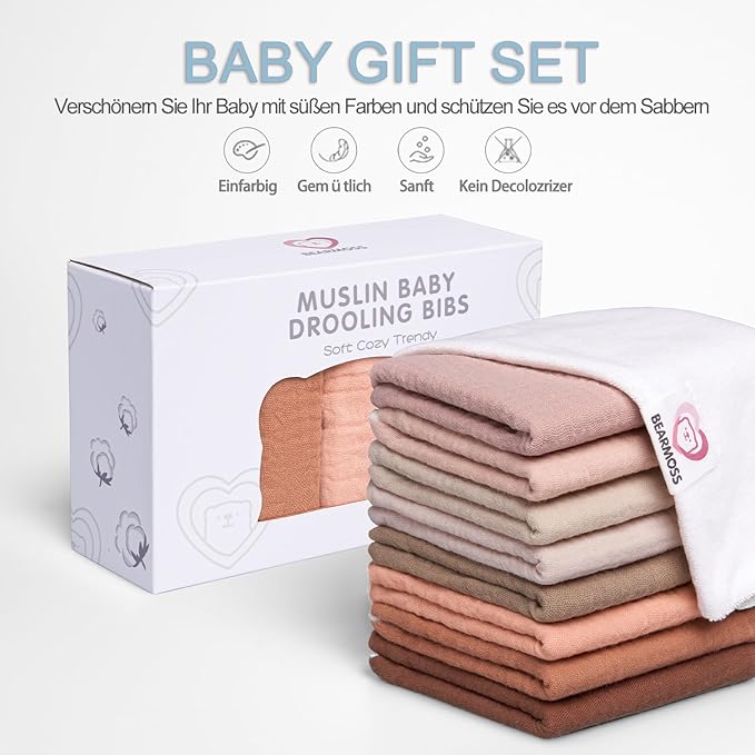 Bearmoss Baby Muslin Drooling Bibs 100% Cotton Square Adjustable Bibs Gift for Baby Girls Boys Teething Drool 8 Pack
