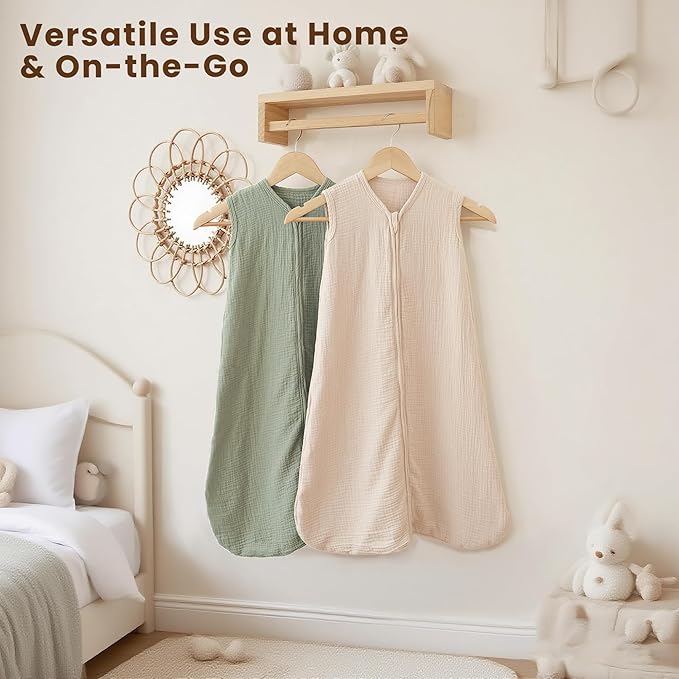 Konssy Muslin Baby Sleep Sack 6-12 Months 0.8 TOG, 2 Pack 100% Cotton Wearable Blanket for Babies, 2-Way Zipper Breathable Sleeping Sack Infant Toddler Essentials for Girls and Boys (Cream, Fog Green)