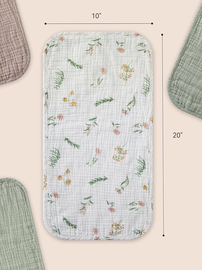 TILLYOU Muslin Burp Cloths Baby Boy Girl 20" x 10", 6-Layer Absorbent 100% Cotton Burping Cloths Large Soft, 10 Pack(Daisy)