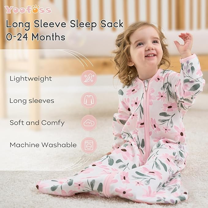 Yoofoss Baby Sleep Sack 6-12 Months Long Sleeve Wearable Blanket Baby 100% Cotton 2-Way Zipper 0.5 Tog Infants Sleeping Sack, Lightweight(Medium)
