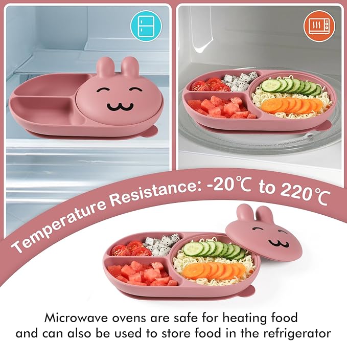 Silicone Baby Plate,Toddler plates,Self-feeding of infants after weaning, 100% Food Grade Silicone, BPA Free, Baby Dinnerware, Baby Plates With Suction, Divided Plate for Babies (pink)