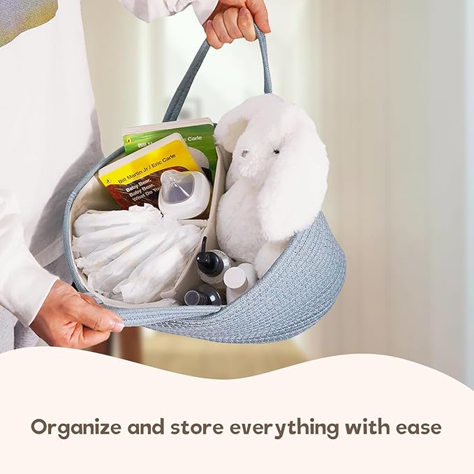 luxury little Diaper Caddy Organizer, Large Cotton Rope Nursery Baby Basket, Changing Table Organizer for Baby Diaper Storage, Portable Car Organizer Removable Divider (Lake Blue, Extra Large)