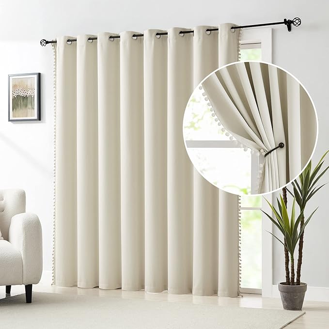 Treatmentex Pom Pom Sliding Door Blackout Curtains Ivory 100"x 84" Extra Wide Patio Door Curtain Panels with Pom Poms Room Darkening Curtains Thermal Insulated Curtains 1 Panel, Natural