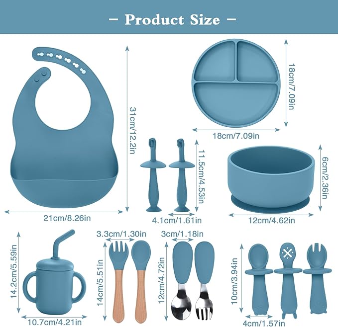 Silicone Feeding Set, 13PCS Baby Feeding Essentials with Suction Bowl & Plate, Spoons & Forks, Bib & Cup, Toothbrush, Baby Led Weaning Supplies for 6+ Months, Eating Essentials (Blue)