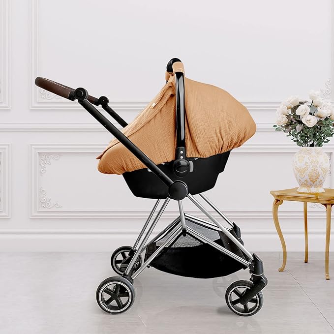 Hooyax Muslin Car Seat Covers for Babies, Summer Baby Car Seat Cover for Boys Girls with Breathable Window, Lightweight Infant Car Seat Canopy, Brown