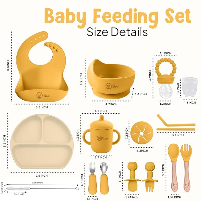 O'doe 17-Piece BPA-Free Silicone Baby Feeding Set | Thick & Soft Suction Plates, Baby Bowls, Wooden Fork & Spoon, and More | Make Mealtime Fun and Easy for Your Little One (Yellow, V2)