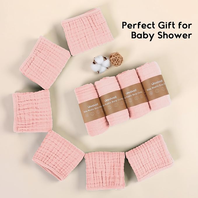 Unnivoll Muslin Burp Cloths for Baby 100% Cotton Burping Cloths for Boys Girls Large 20''X10'' Extra Soft and Absorbent 12 Pack - Flesh Pink