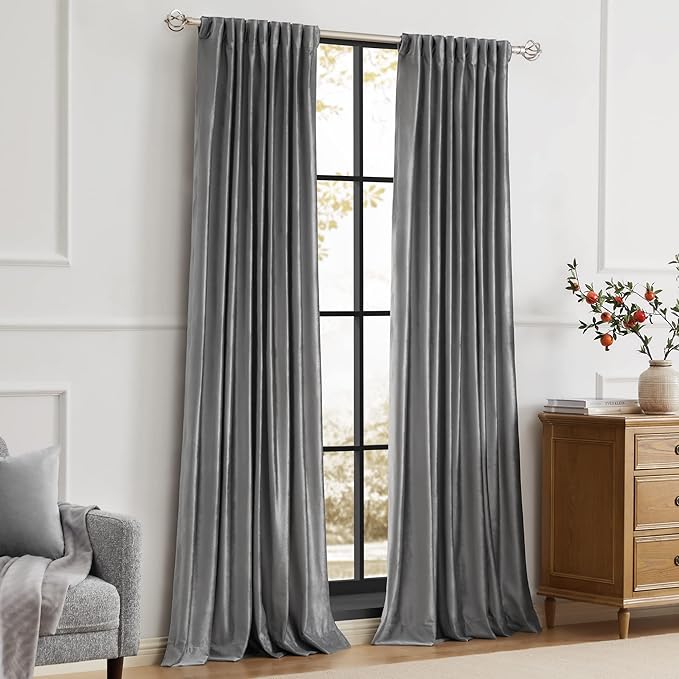 PRIMROSE Dark Grey Velvet Curtains 96 inch Long for Living Room,Set of 2 Panels Blackout Rod Pocket Back Tab Window Treatment Room Darkening Heavy Decorative Curtains Drapes for Bedroom