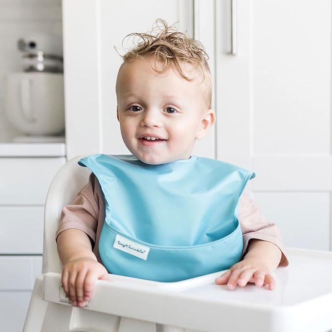 Tiny Twinkle Mess-Proof Baby Bibs for Eating | Waterproof, Wipeable Toddler Bibs with Catch-All Pocket | Feeding Bibs for Girls & Boys(3 Pack,Slate, Olive)