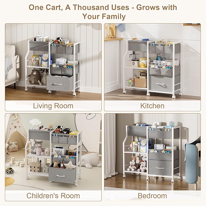 Baby Diaper Caddy Organizer and Storage, 3 Tier Rolling Cart with Dividers and Drawers, Mobile Utility Cart with Wheels for Nursery, Bedroom, Baby Newborn Essentials Storage Cart, White