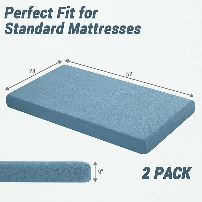 Heavyweight Muslin Baby Crib Sheets - 2PCS 52"x28" Neutral Fitted Crib Sheets for Boys Girls, Breathable Soft 100% Organic Cotton Standard Baby Mattress Sheet (Blue, Light Green)