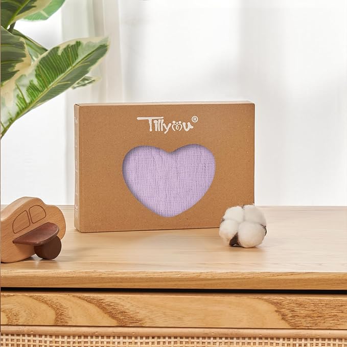 TILLYOU Muslin Mini Crib Sheets 2 Pack, Pack and Play Mattress Sheets Fitted for Pack N Play, 38 x 26 Sheet for Toddler, Grey and Purple