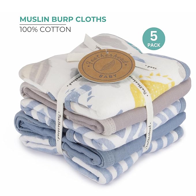Featherhead™ 5-Pack Muslin Burp Cloths for Baby Boy Large 22" X 11" - Ultra Soft & Extra Absorbent Cotton Terry Backing (Blue Balloons)