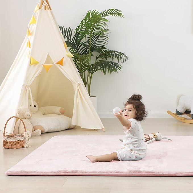 1.5" Thick Baby Play Mat for Floor, 39x59 Playpen Mat, Pro Soft Flannel Foam Mats Toddler Infant Kids Crawling for Nursery Rug Playroom Living Room Waterproof Easy Care Non-Slip (Baby Pink)
