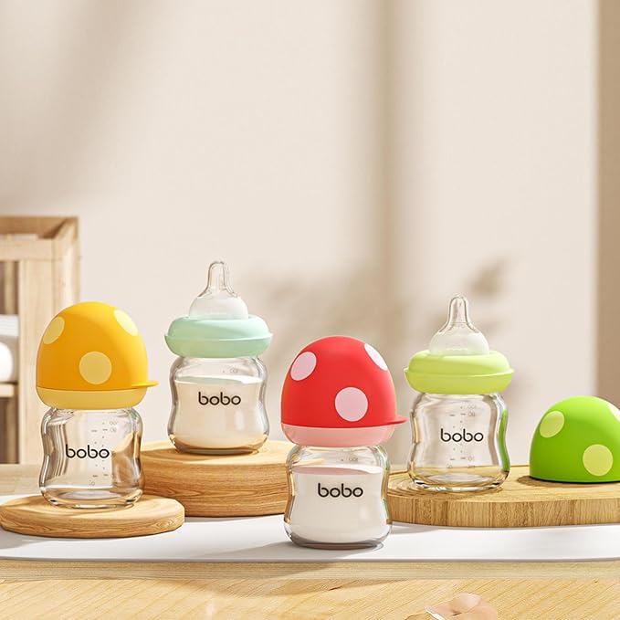 YOHKOH Natural Glass Baby Bottle with Level 1 Slow Flow Nipple, Newborn Anti-Colic Baby Bottles, Wide Neck Mushroom Baby Glass Bottle (3.4oz (Pack of 2), Multicolour)