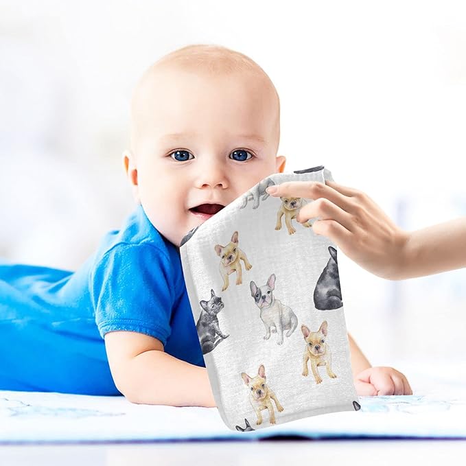 Baby Washcloths Cotton Pets French Bulldog Baby Muslin Washcloths Soft Baby Face Towel for Newborn Infants Baby Wipes, 11.8 X 11.8 Inch, 5 Pack