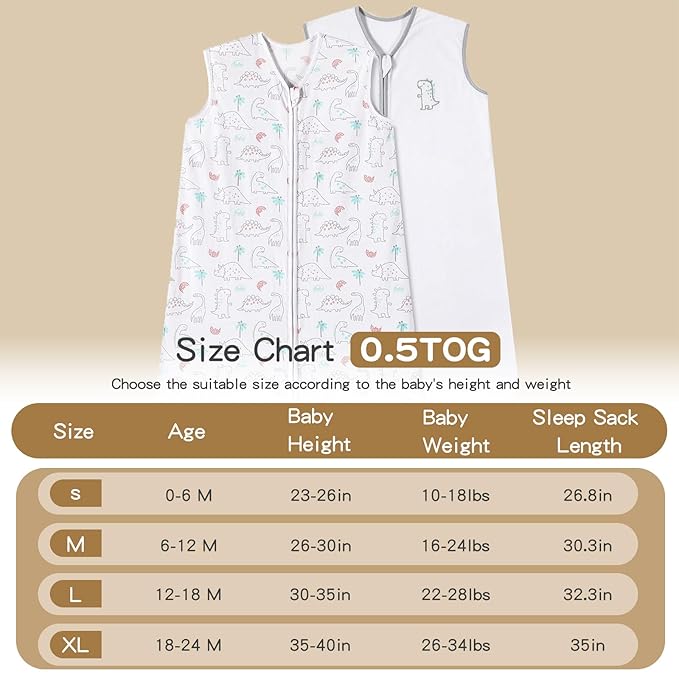TILLYOU 2 Pack Baby Sleep Sack 18-24 Months 100% Cotton Wearable Blanket 0.5 TOG Sleeveless Summer Sleep Sacks with 2-Way Zipper, Woodland Dinosaurs