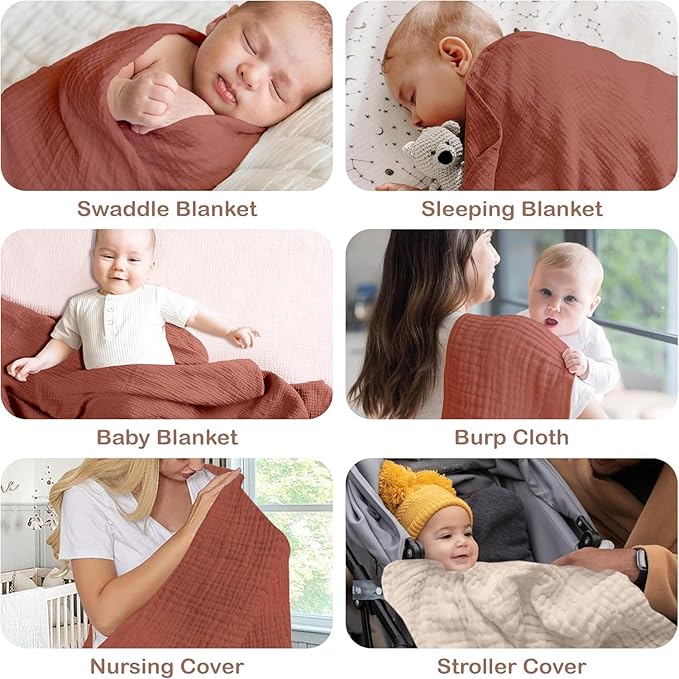 100% Organic Cotton Muslin Baby Blanket - 47 x 47 Inch Breathable Swaddle Blankets, Hypoallergenic Double-Layer, Soft and Cozy Newborn Baby Blanket for Sleeping and Everyday Use (Rust/Ivory)